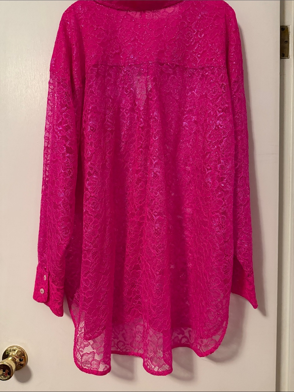 Anthro Anthropologie Glitter Lurex Hot Pink Lace Button Up Blouse Shirt Plus 3X - Picture 8 of 12